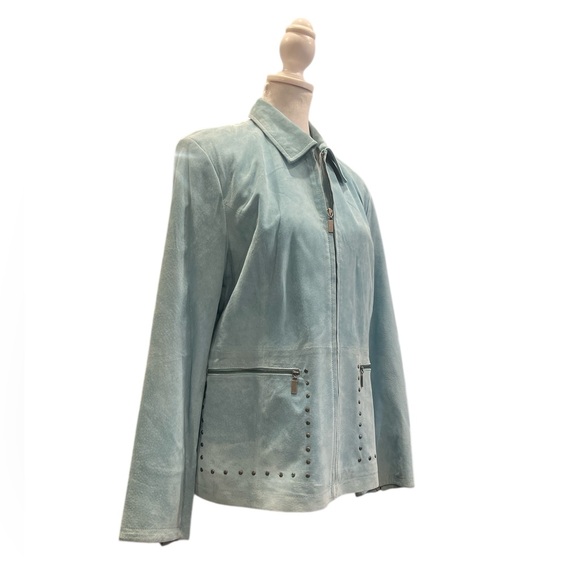 Guillaume Pastel Blue Green Suede Leather Moto Jacket Studded Y2K L - Picture 2 of 10
